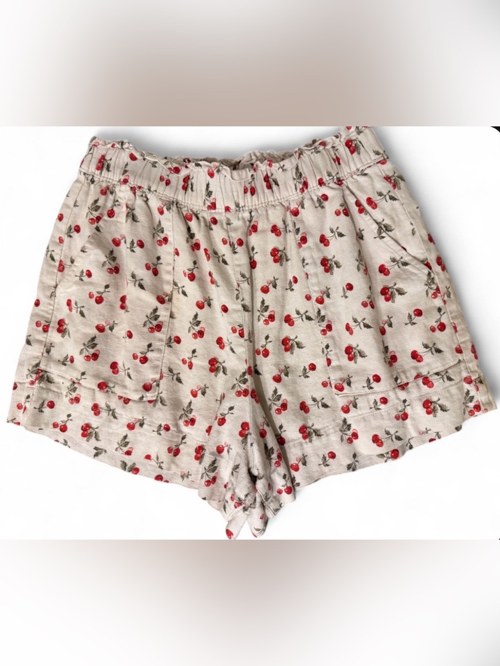 Abercrombie & Fitch Women’s Cherry Print Cream Elastic-Waist Shorts Size Small